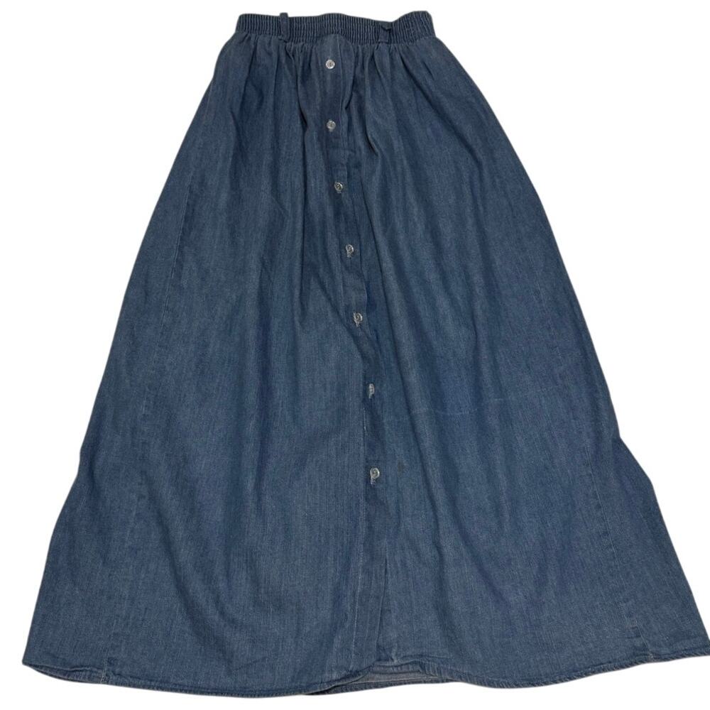 Vintage 70s Cottage Core Denim Blue Jean Skirt White Eyelet Lace Inset Size XS - Picture 6 of 10